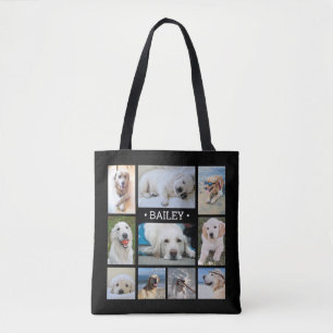 Bolsa Tote Pet Photo Collage Name Black Modern Na moda Dog