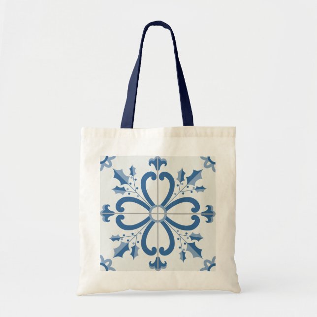 Bolsa Tote Pétalas de Natal e flores azulejo azul (Frente)