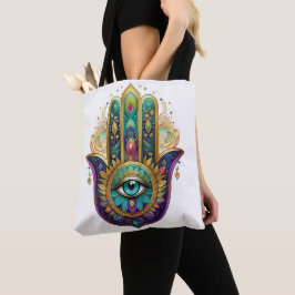 Bolsa Tote Pétalas Violeta Verde Dourado Hamsa Turquesa Terce