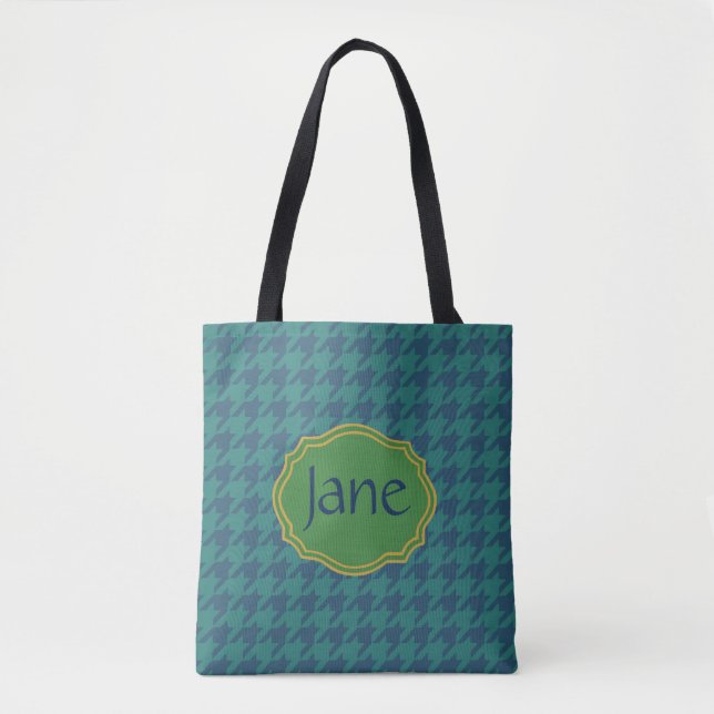 Bolsa Tote Petrol Leaf Houndstooth Personalizado (Frente)