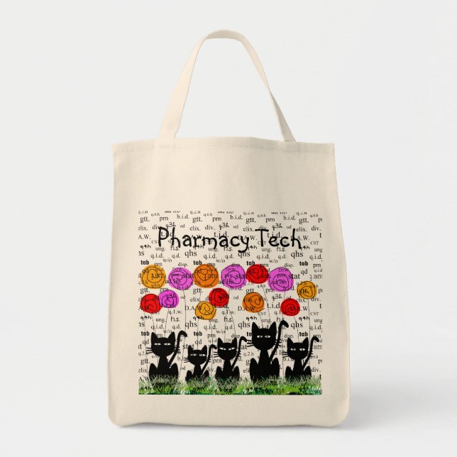Bolsa Tote Pharmacy Tech com abreviações Rx e gatos (Frente)