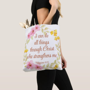 Bolsa Tote Philippians 4:13 Escritura Floral Cor-de-Rosa e Am