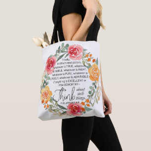 Bolsa Tote Philippians 4:8 Floral Wreath rosa e amarelo