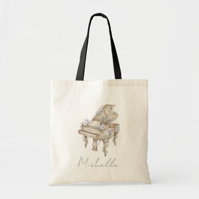 Bolsa Tote Piano de Cauda Elegante Personalizado com Flores (Frente)