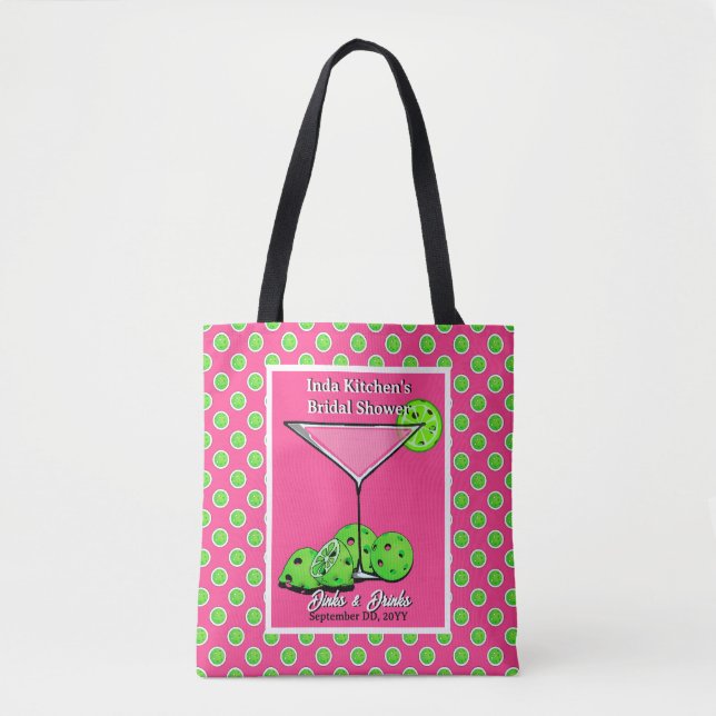 Bolsa Tote Pickleball Dinks & Drinks Rosa e Verde Personaliza (Frente)