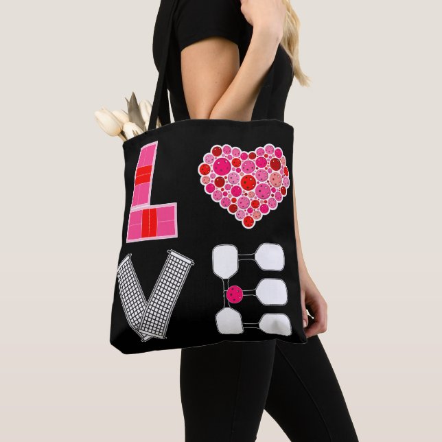 Bolsa Tote Pickleball Love Heart Court Balls Paddles Rosa Ver (Close Up)