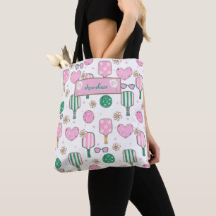 Bolsa Tote Pickleball rosa personalizado e padrão verde