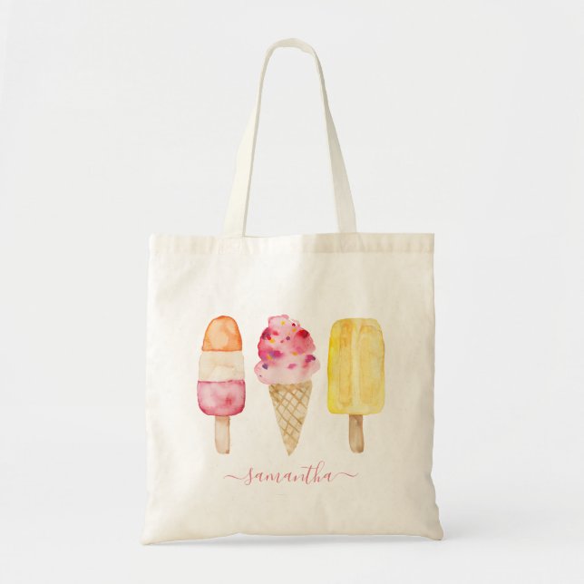 Bolsa Tote Picolé de Sorvete Rosa Amarelo Aquarela (Frente)