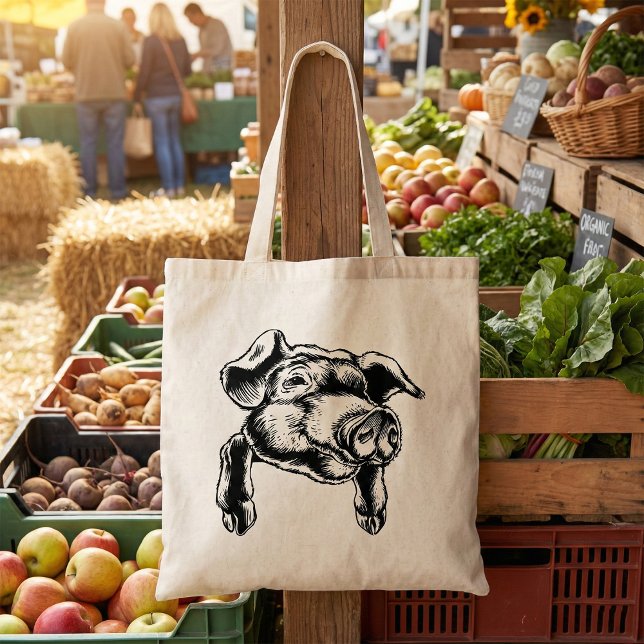 Bolsa Tote Pig Head Farm Animal Drawing in Black White (Criador carregado)