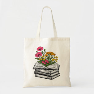 Bolsa Tote Pilha de Livros Florais Estética Leitora de Flores