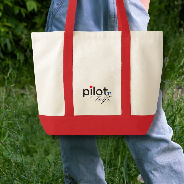 Bolsa Tote Pilot Wife Script Red Heart Blue Airplane Simple  (Criador carregado)