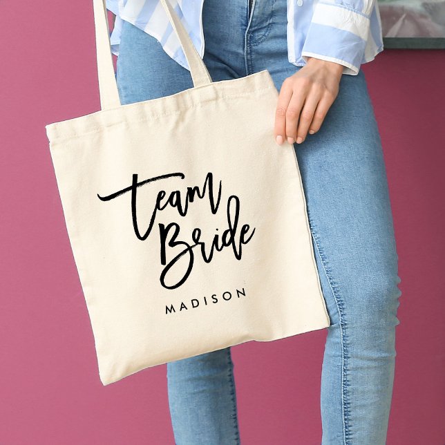 Bolsa Tote Pincel Chic Tendência Preto Equipe da Noiva Script (Criador carregado)
