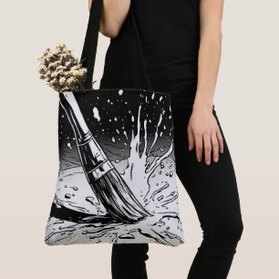 Bolsa Tote Pincel de Estilo Gráfico Preto Branco Mancha de Ti