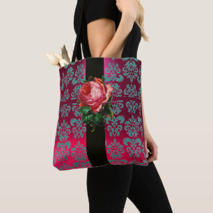 BOLSA TOTE PINCO BELO ROSE TEAL AZUL FUCHSIA NEGRO DAMASK