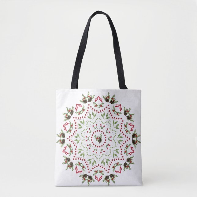 Bolsa Tote Pine cone e bagas Mandala tosaco com texto (Frente)