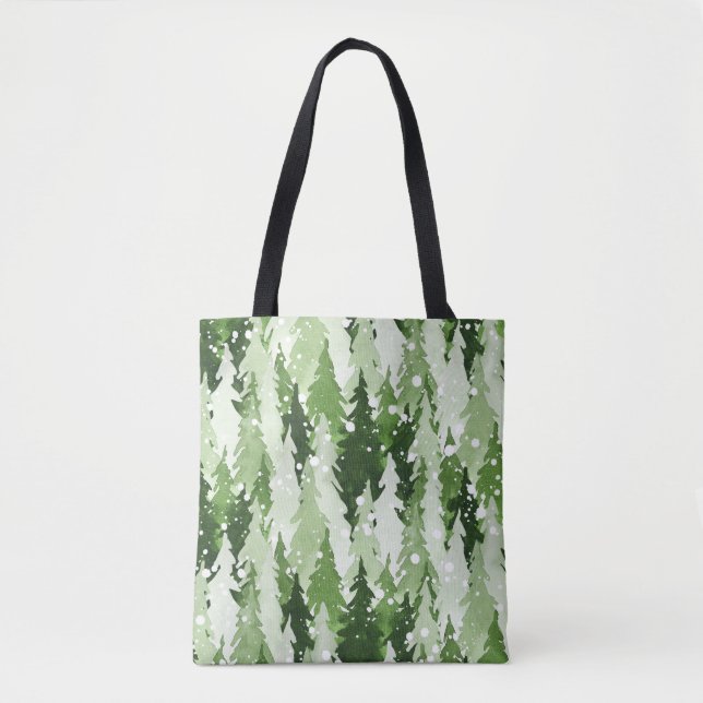 Bolsa Tote Pine Trees Snow: Natal Com Aquarela. (Frente)