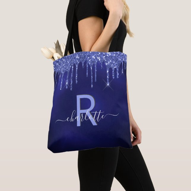 Bolsa Tote Pingo de brilho azul marinho monograma nome script (Close Up)