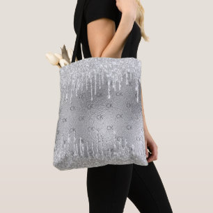 Bolsa Tote Pingo de brilho prateado monograma elegante
