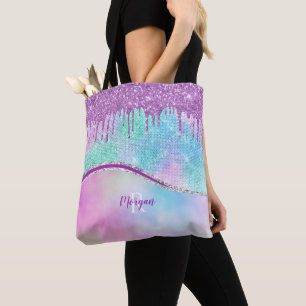 Bolsa Tote Pingo de Purpurina Roxa & Brilho, Nome & Monograma