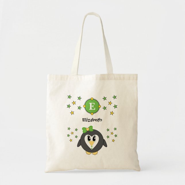 Bolsa Tote Pinguim bonito com o nome estrelas amarelas verdes (Frente)