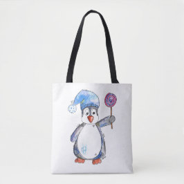 Bolsa Tote Pinguim branco bonito com um pirulito