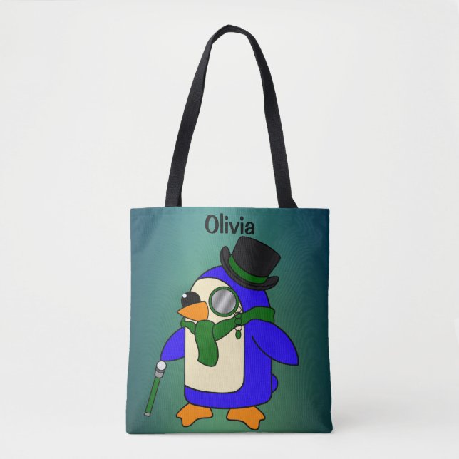 Bolsa Tote Pinguim de desenho animado bonito verde escuro (Frente)