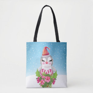 Bolsa Tote Pinguim de Natal bonito em Santa Hat