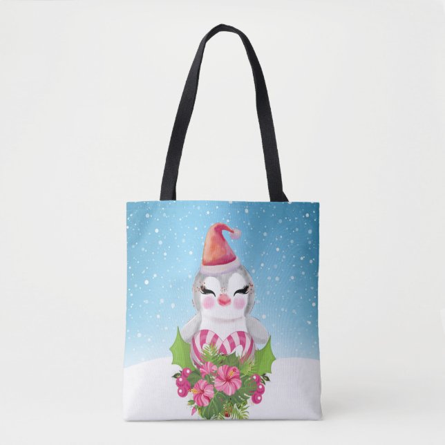 Bolsa Tote Pinguim de Natal bonito em Santa Hat (Frente)