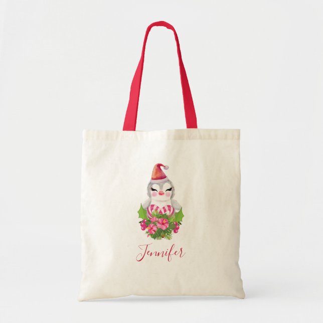 Bolsa Tote Pinguim de Natal bonito em Santa Hat (Frente)