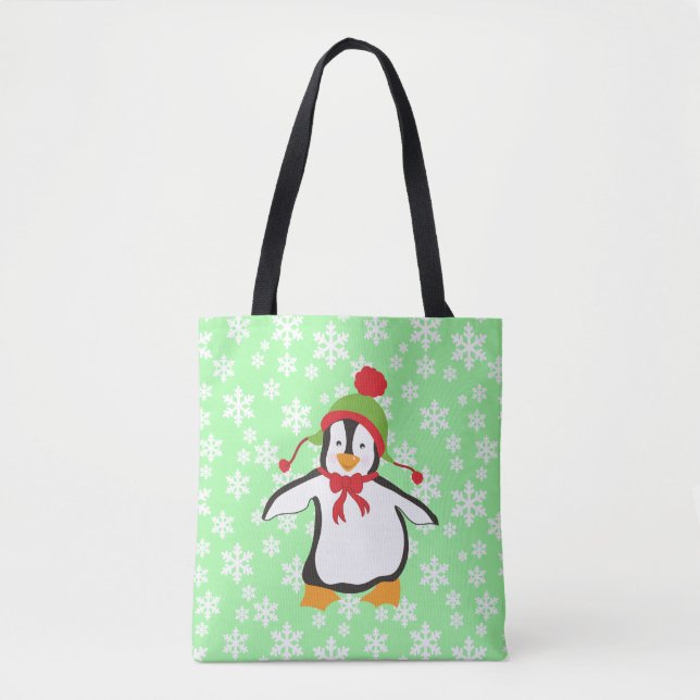 Bolsa Tote Pinguim Fofo com Fundo de Flocos de Neve (Frente)