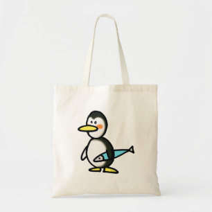 Bolsa Tote Pinguim Fofo Segurando um Peixe Azul