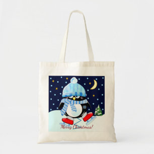 Bolsa Tote Pinguim Natal tentando skate + texto personalizado