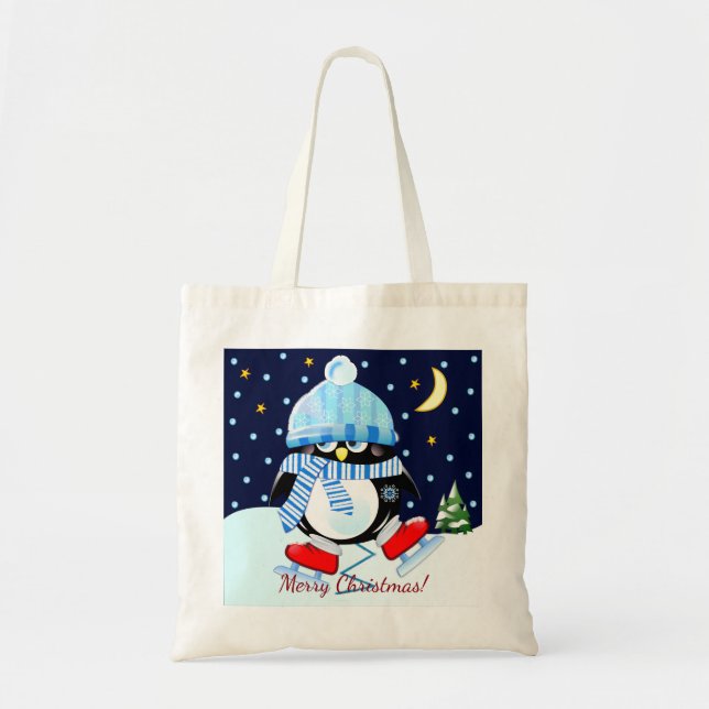 Bolsa Tote Pinguim Natal tentando skate + texto personalizado (Frente)