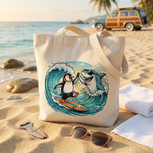 Bolsa Tote Pinguim Surfista e Tubarão Apertam as Mãos