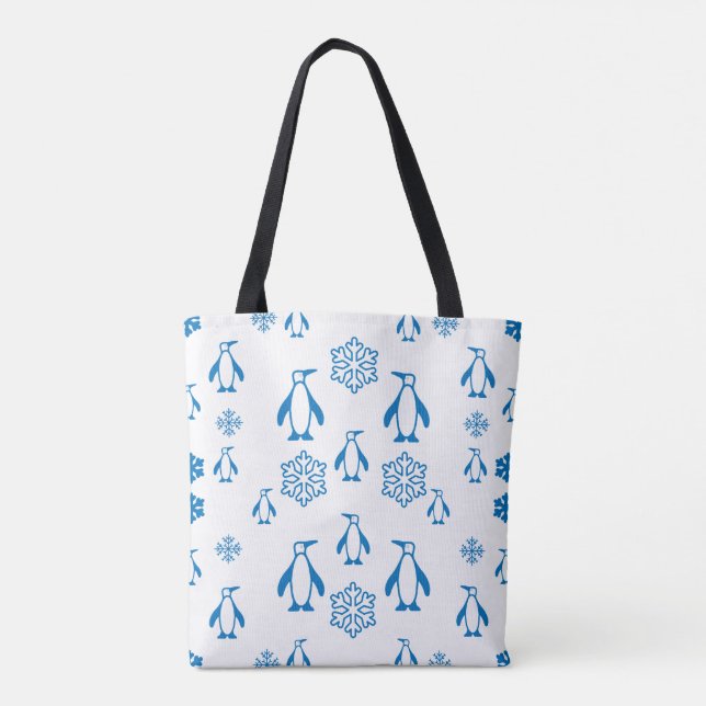 Bolsa Tote Pinguins Azuis Elegantes Com Padrões De Neve (Verso)