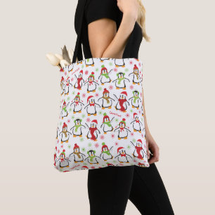 Bolsa Tote Pinguins Dançantes, Vermelho e Verde, Natal