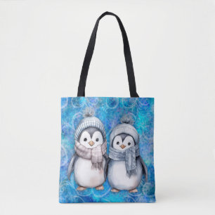 Bolsa Tote Pinguins de Aquarela Azul-Inverno Escarpando Chapé