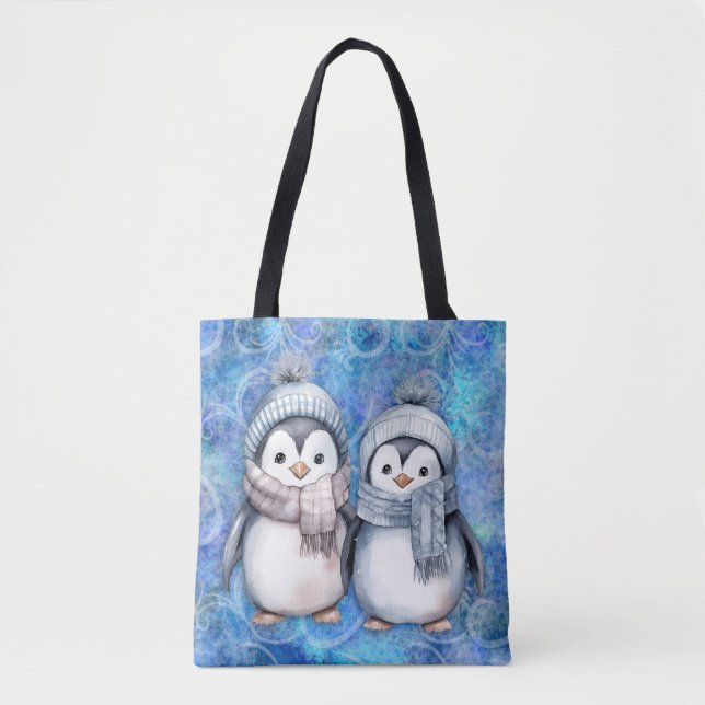Bolsa Tote Pinguins de Aquarela Azul-Inverno Escarpando Chapé (Frente)