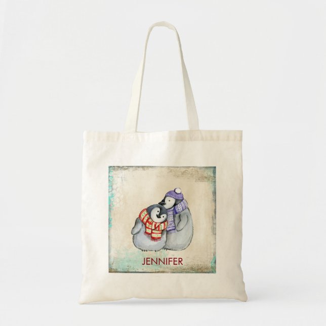 Bolsa Tote Pinguins giros e chapéus de inverno personalizados (Frente)