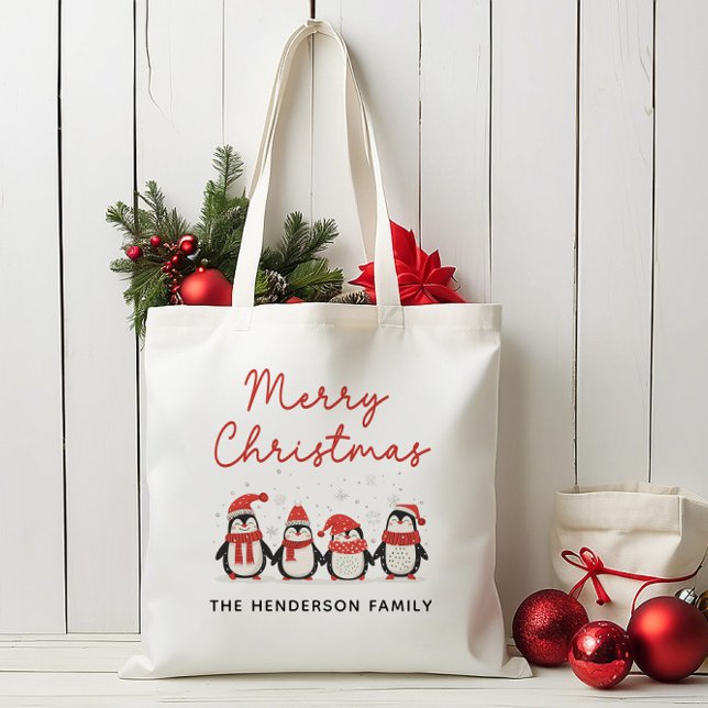 Bolsa Tote Pinguins Nome Personalizado Feliz Natal (Criador carregado)