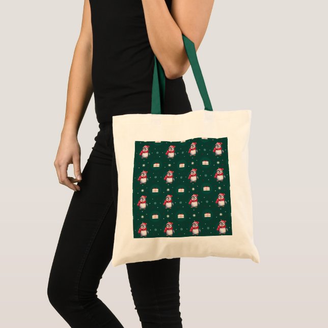 Bolsa Tote Pinguins Papais noeis Green Feliz Padrão de Natal  (Frente (produto))