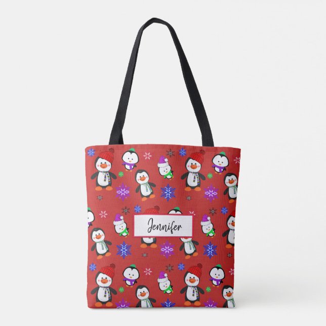 Bolsa Tote Pinguins personalizados e flocos de neve Natal (Verso)