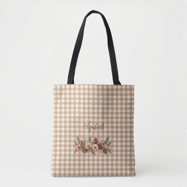 Bolsa Tote Pinhas Rústicas de Outono Castanho Xadrez Personal (Frente)