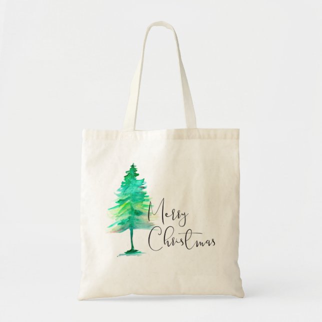 Bolsa Tote Pinheiro de Natal Simples, Aquarela (Frente)