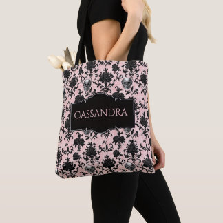 Bolsa Tote Pink and Black Goth Skulls and Roses Personalized