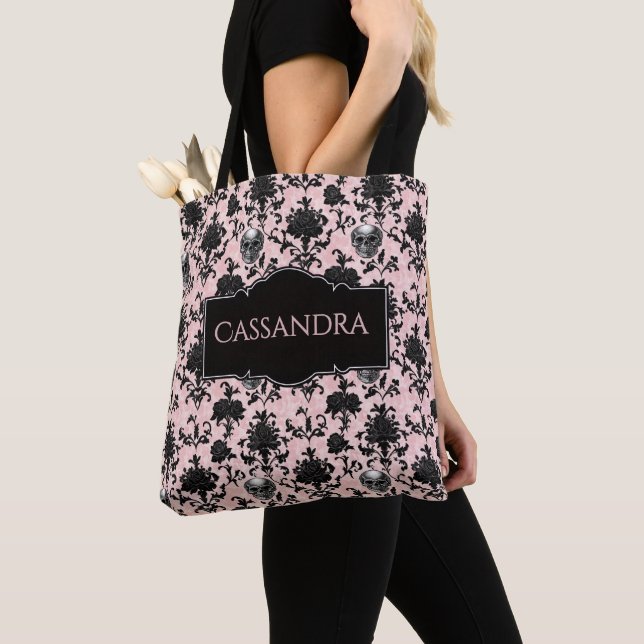 Bolsa Tote Pink and Black Goth Skulls and Roses Personalized (Close Up)