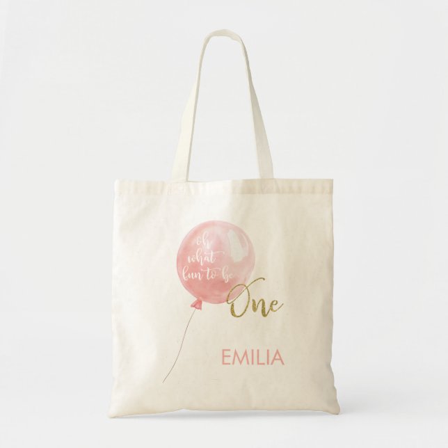 Bolsa Tote Pink Balloon Gold Glitter One 1st Birthday Tote  (Frente)