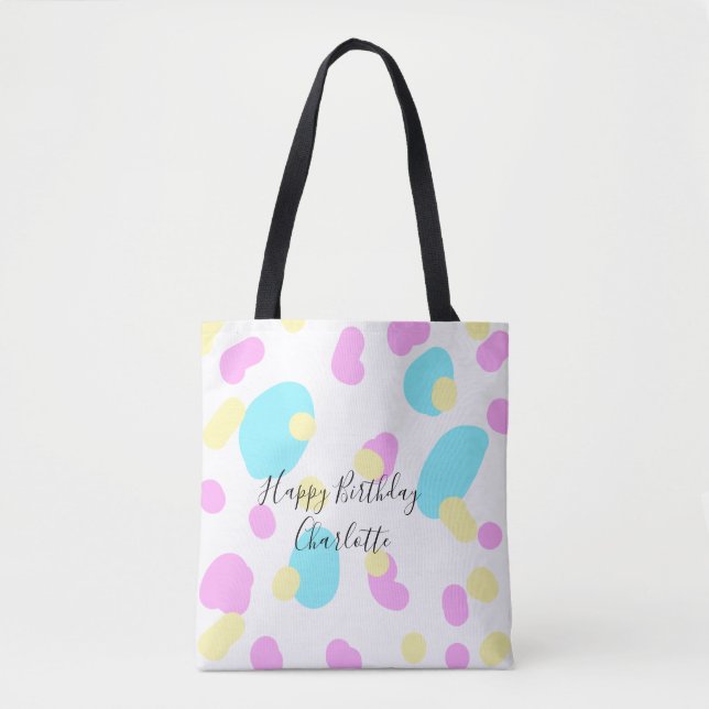 Bolsa Tote Pink blue yellowhappy birthday kids shapes abstrac (Frente)