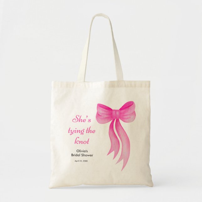 Bolsa Tote Pink Bow She's Tying the Knot Bridal Shower  (Frente)