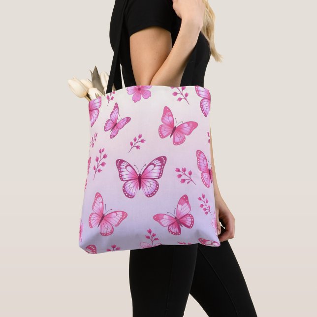 Bolsa Tote Pink butterflies and flowers pattern (Close Up)